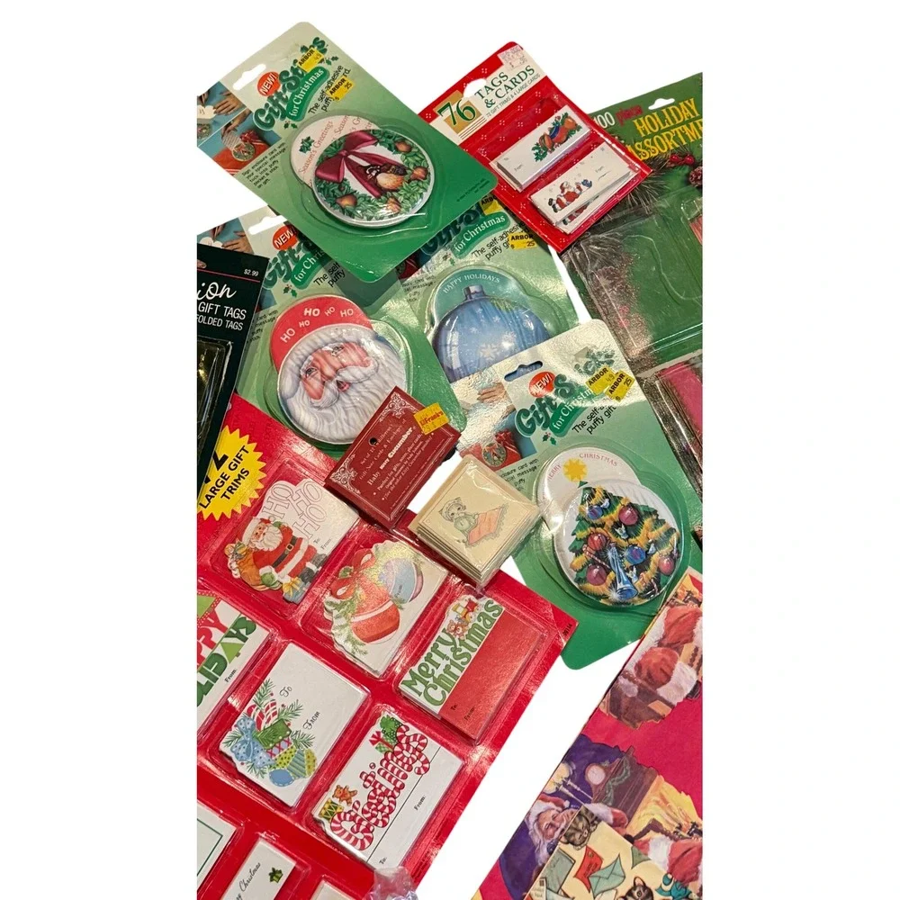 Vintage Christmas Gift Wrap Lot Wrapping Paper Bags Tags Santa Ephemera